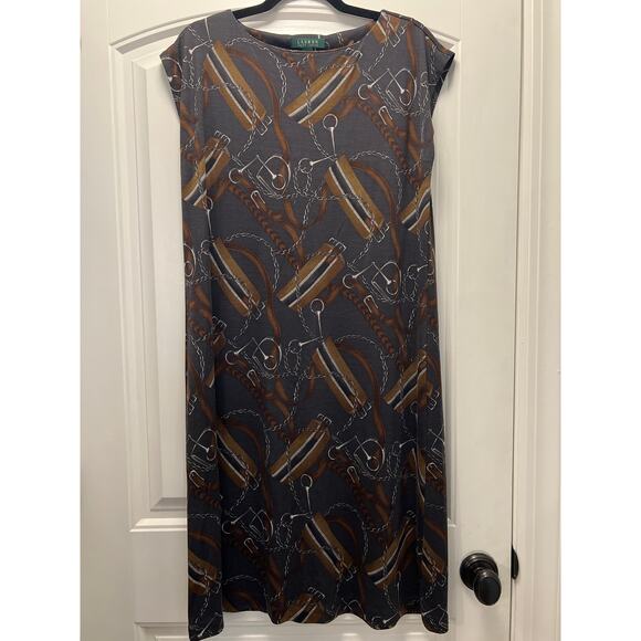 Lauren Ralph Lauren Women Silk Wool Horsebit Equestrian Dress Size 1X Gray Brown - Picture 1 of 4
